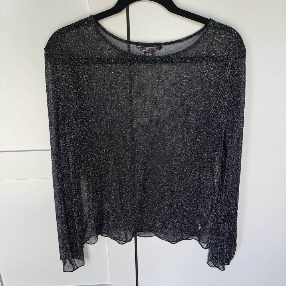 VICTORIA’S SECRET Sheer Black Glitter Mesh Long Sleeve M/L Romantic Sexy‎ Sheer